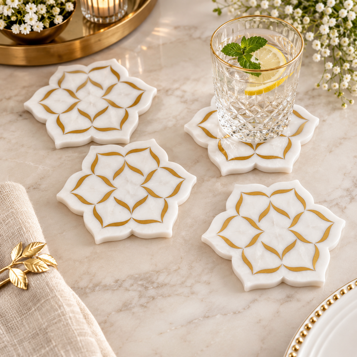 Taj Mahal White Marble Coasters