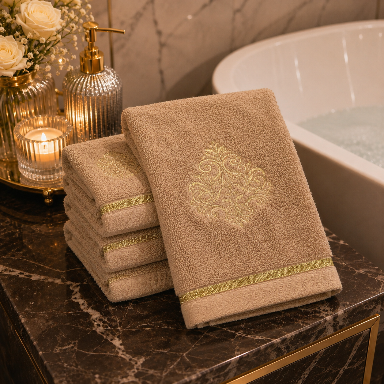 Aurelia Gold Embroidered Face Towels