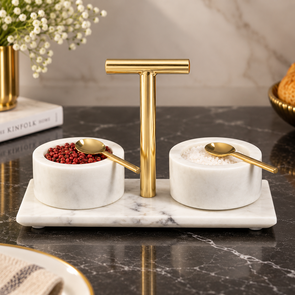 Marble and Brass Dual Spice Holder