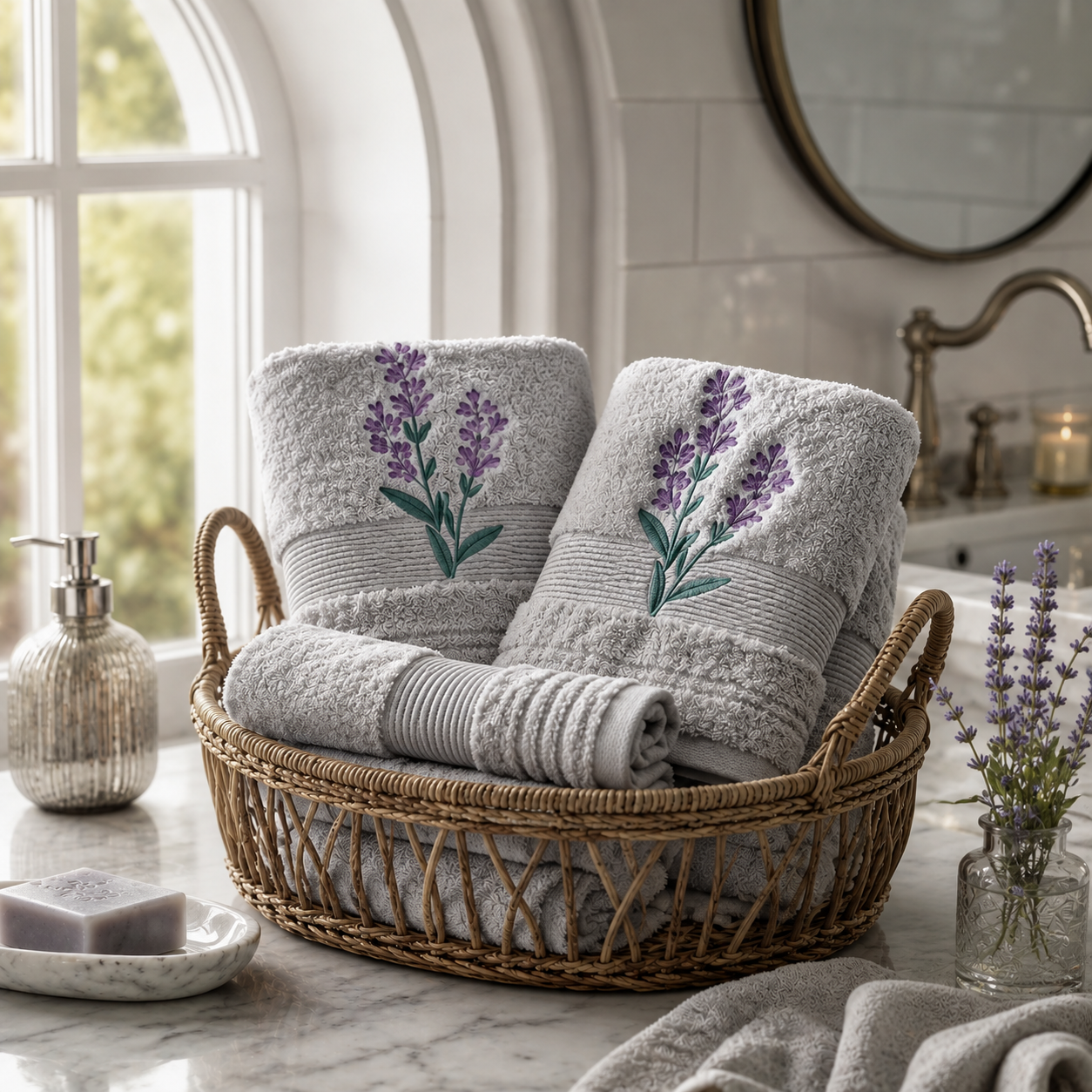 Lavande Silver Grey Embroidered Face Towels