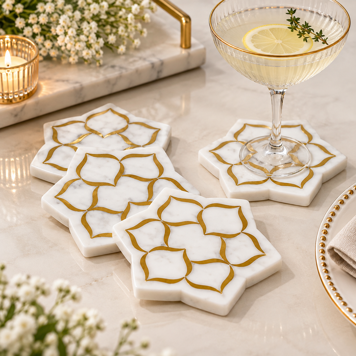 Taj Mahal White Marble Coasters