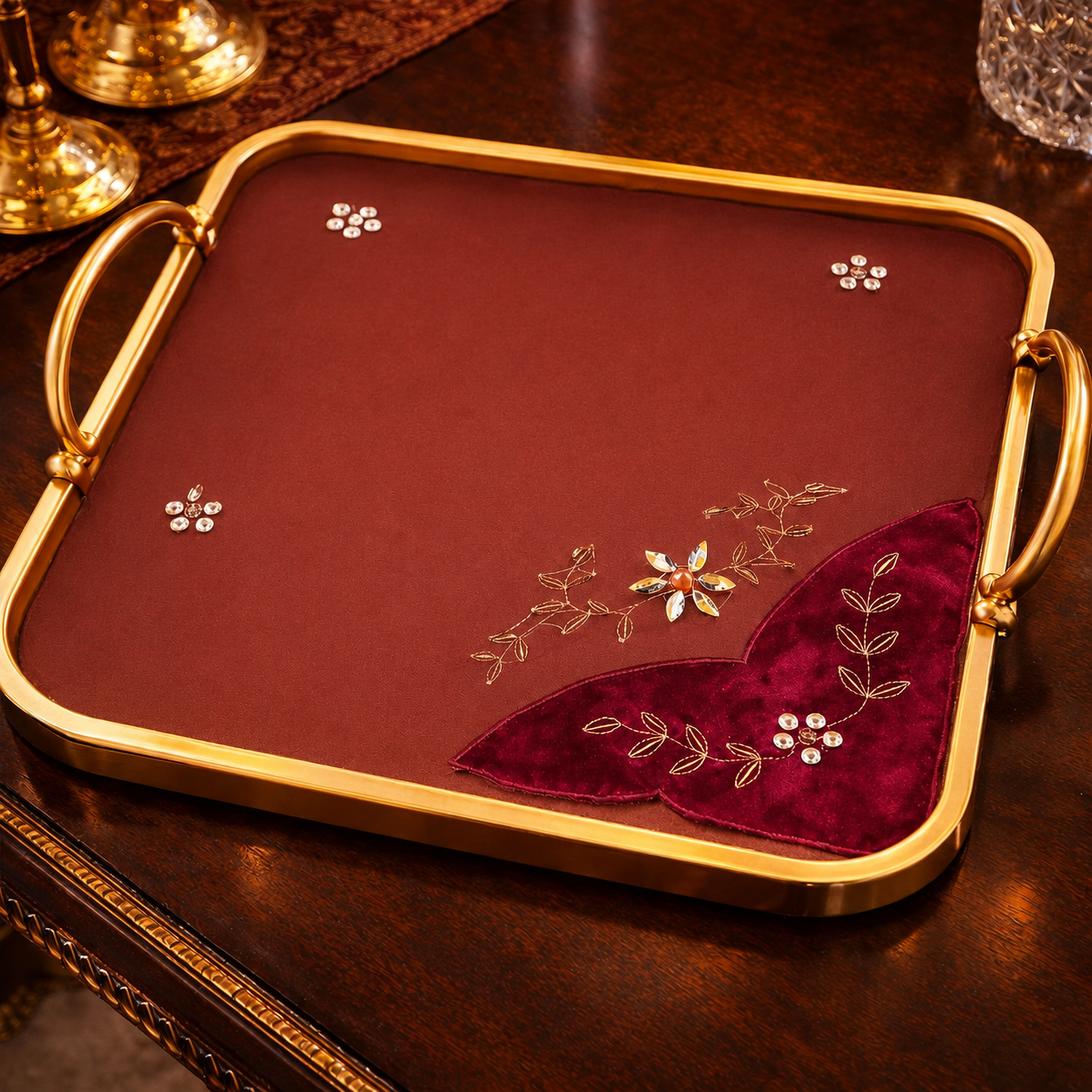Maroon Velvet Embroidered Tray Cover
