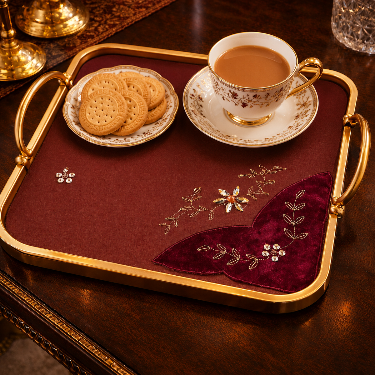 Maroon Velvet Embroidered Tray Cover