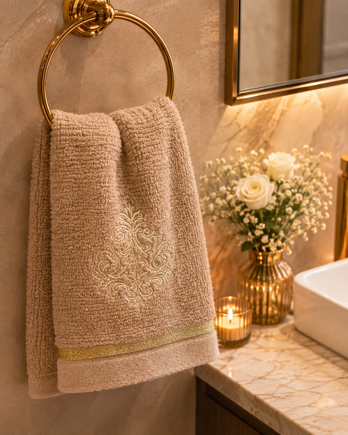 Aurelia Gold Embroidered Face Towels