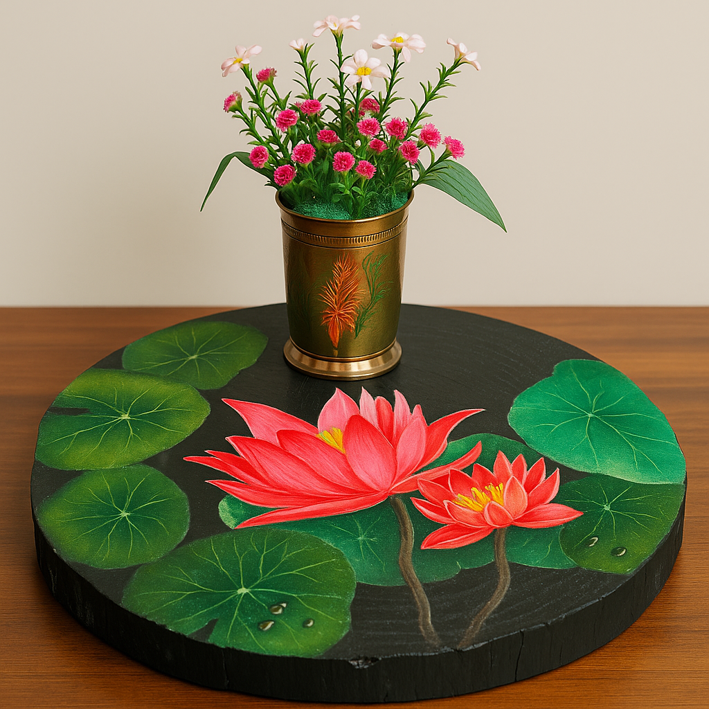 Lotus Bloom Hand-Painted Centrepiece with Vintage Brass Vase