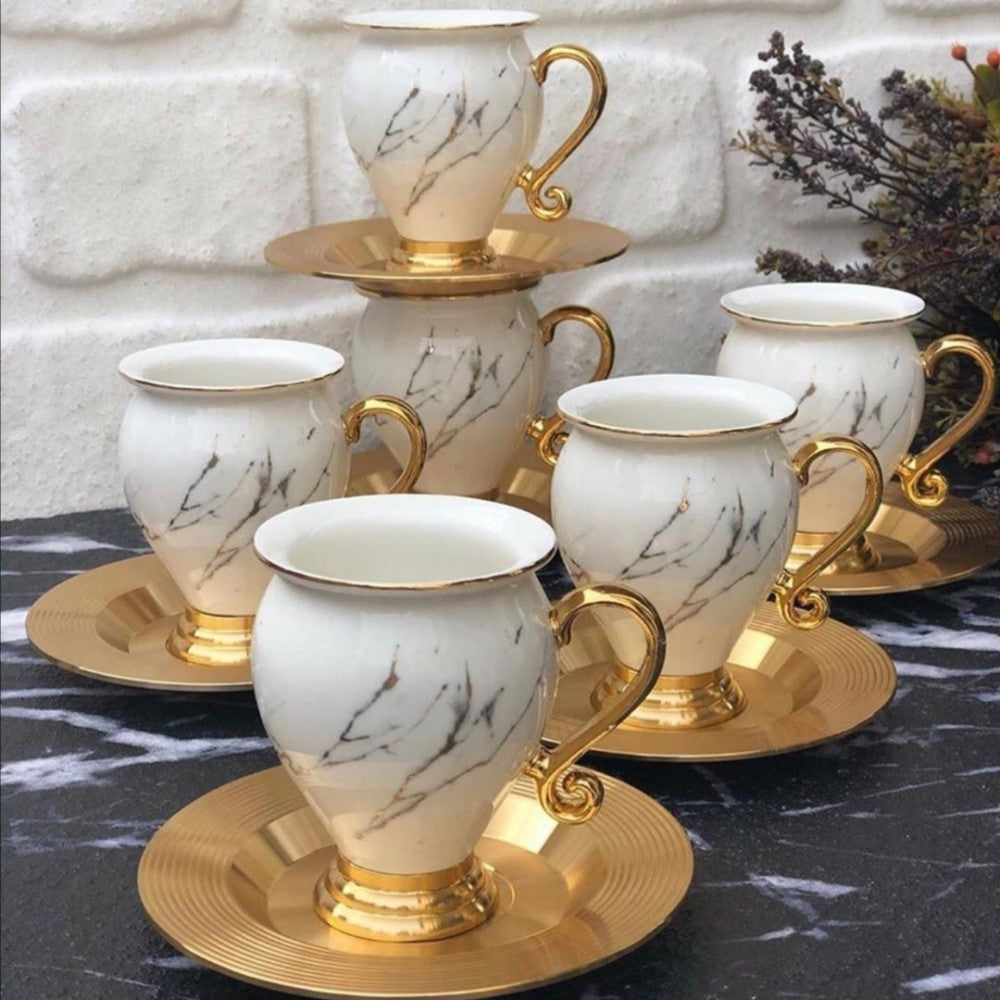 Marble Luxe Gold-Rimmed Cup & Saucer Set (6 pcs)