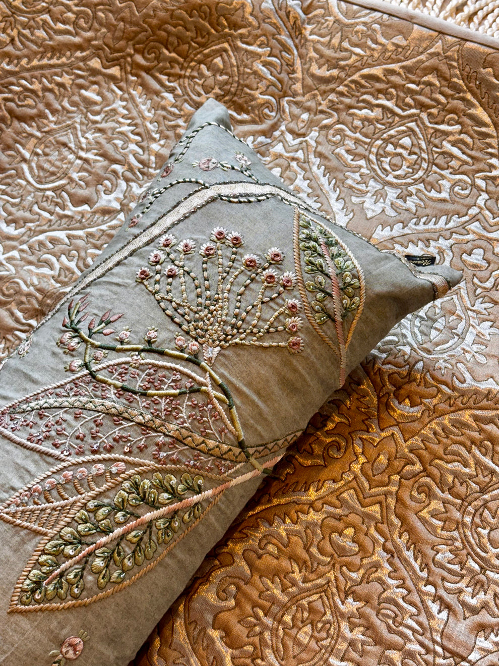 Verdant Whimsy – Embroidered Lumbar Cushion