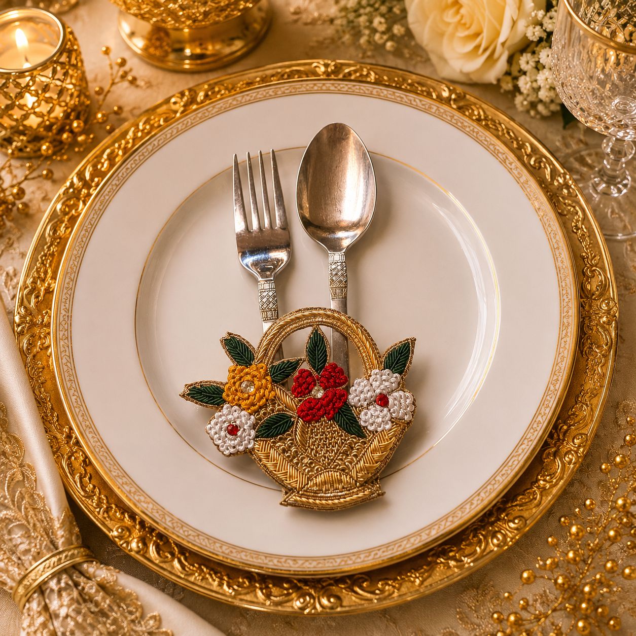 Golden Bloom Basket Cutlery Holder