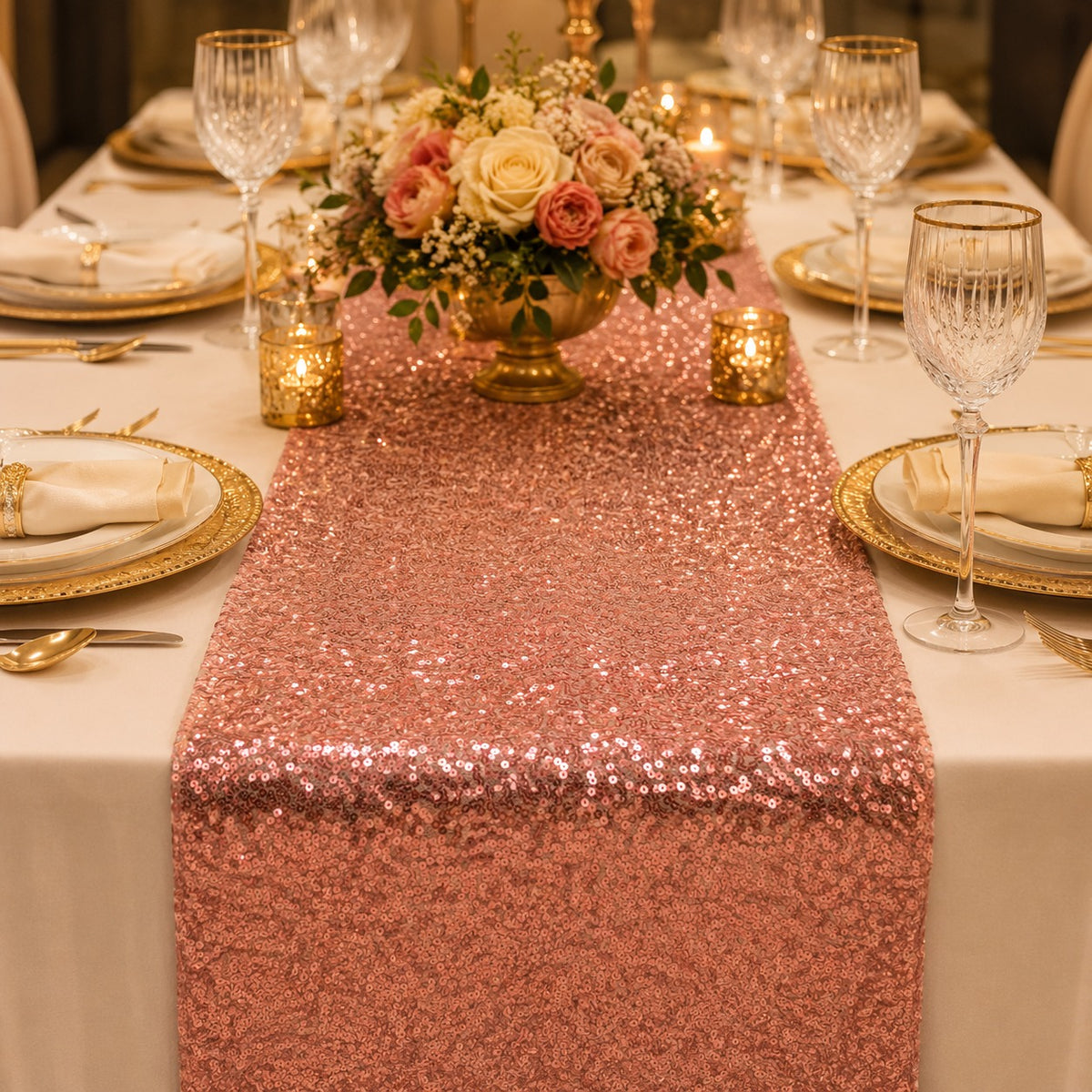 Rose Gold Radiance Sequin Table Runner