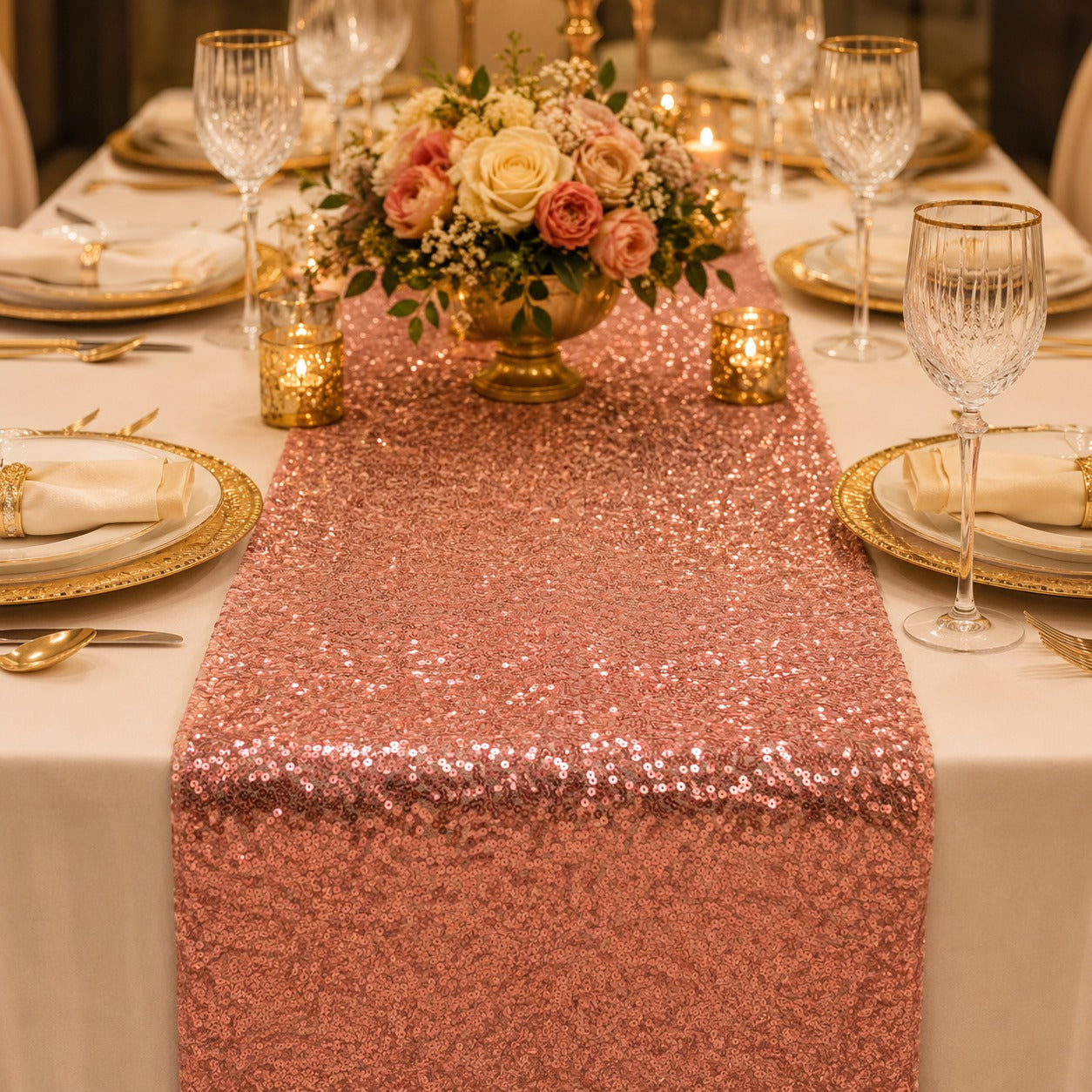 Rose Gold Radiance Sequin Table Runner