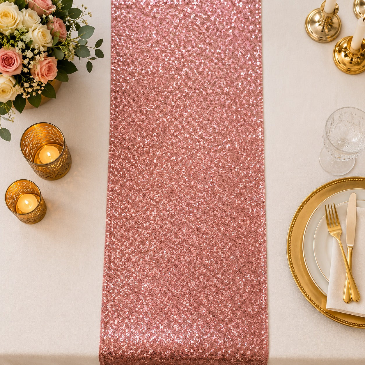 Rose Gold Radiance Sequin Table Runner