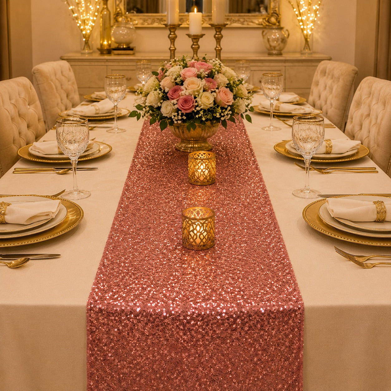 Rose Gold Radiance Sequin Table Runner