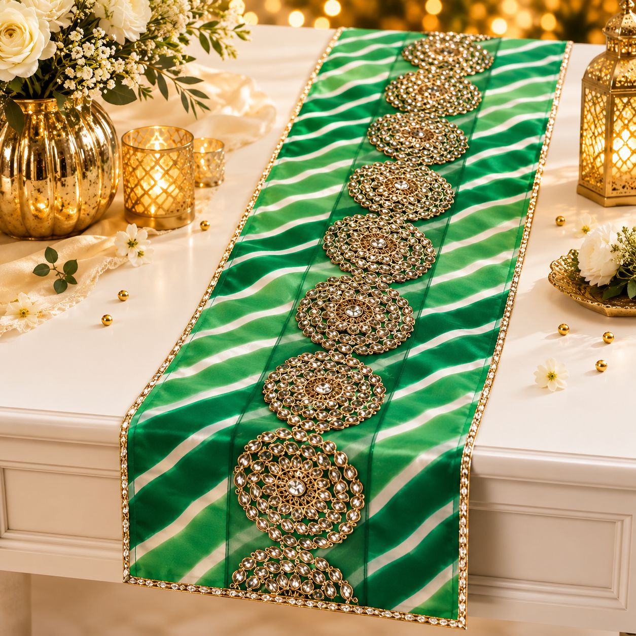 Emerald Kundan Royale Table Runner