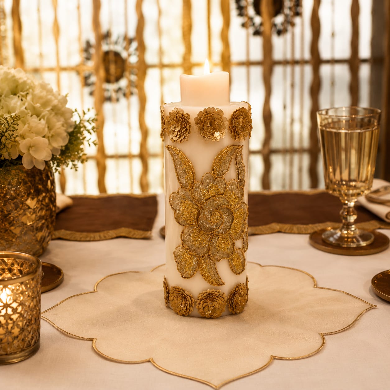 Royal Blossom Embroidered Pillar Candle