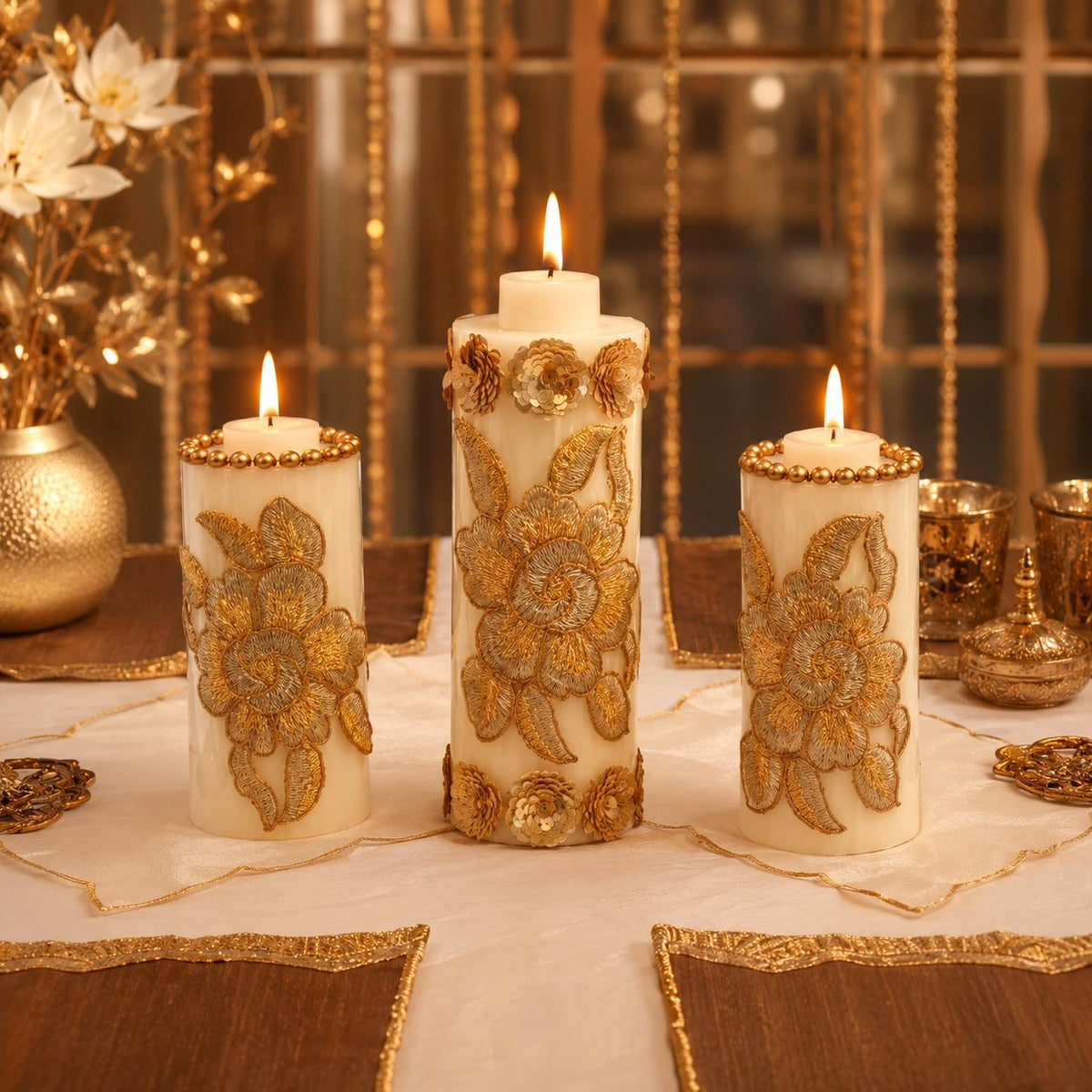 Imperial Bloom Embroidered Candle Set