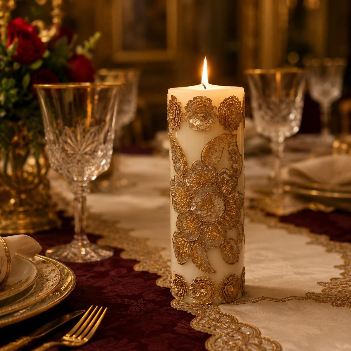 Royal Blossom Embroidered Pillar Candle