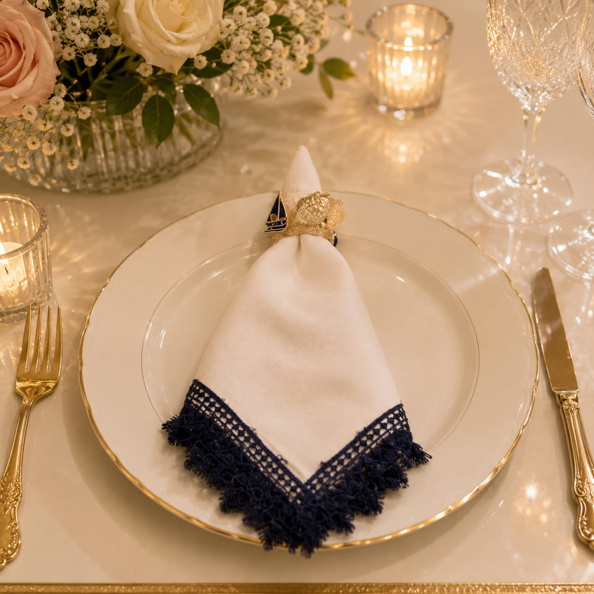 Riviera Shell Napkin Ring with Azure Lace Napkin
