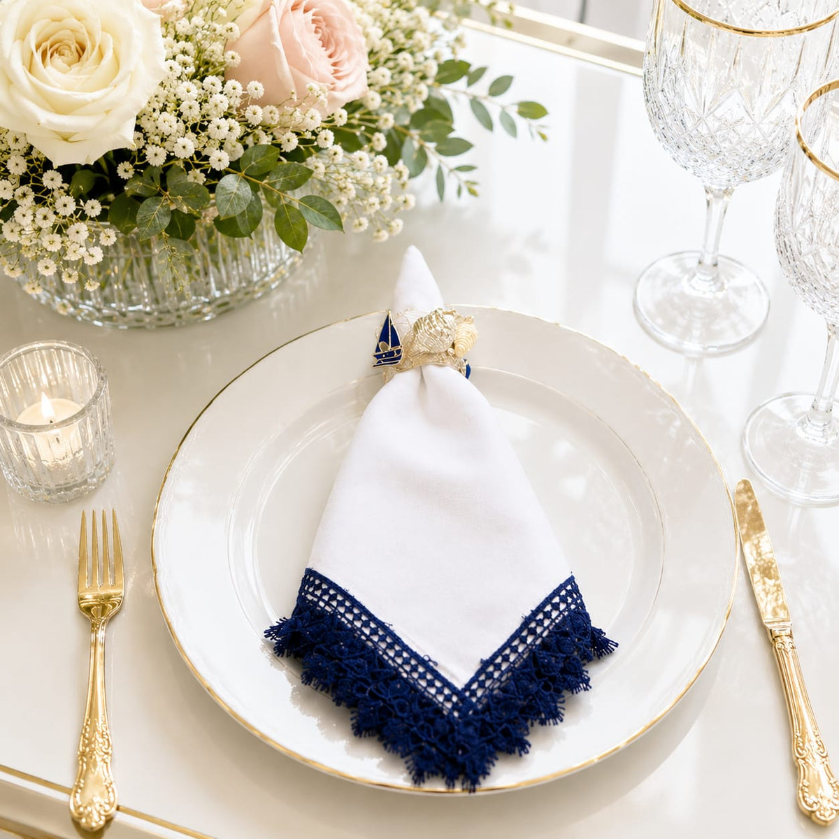 Riviera Shell Napkin Ring with Azure Lace Napkin