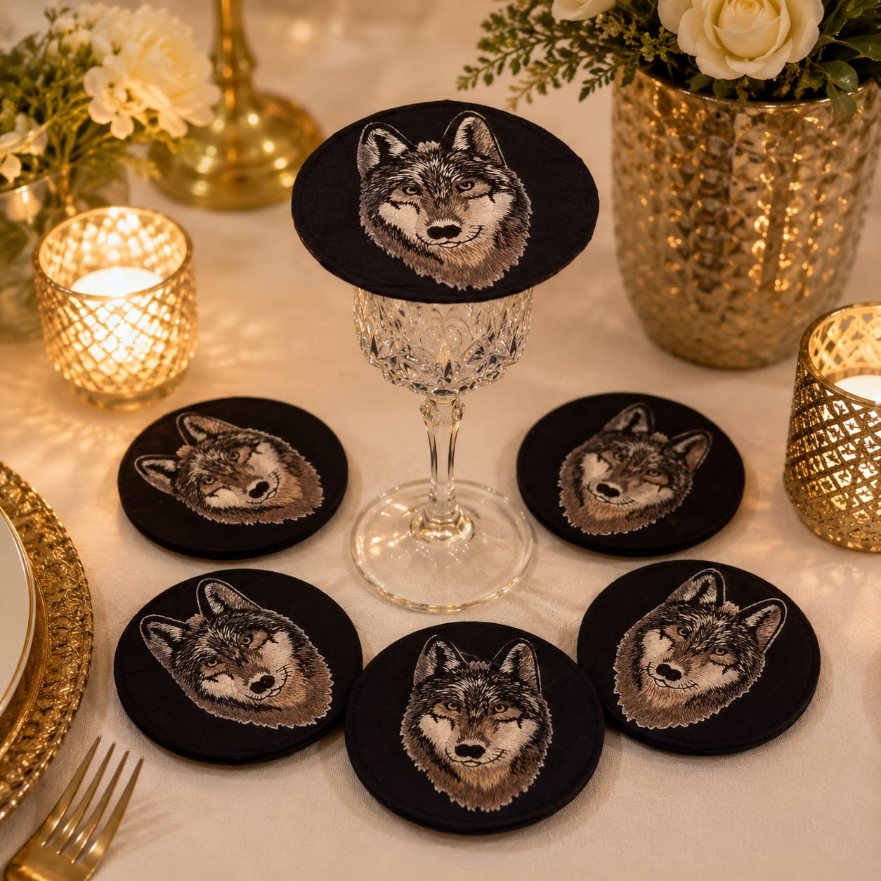Midnight Wolf Embroidered Coaster Set
