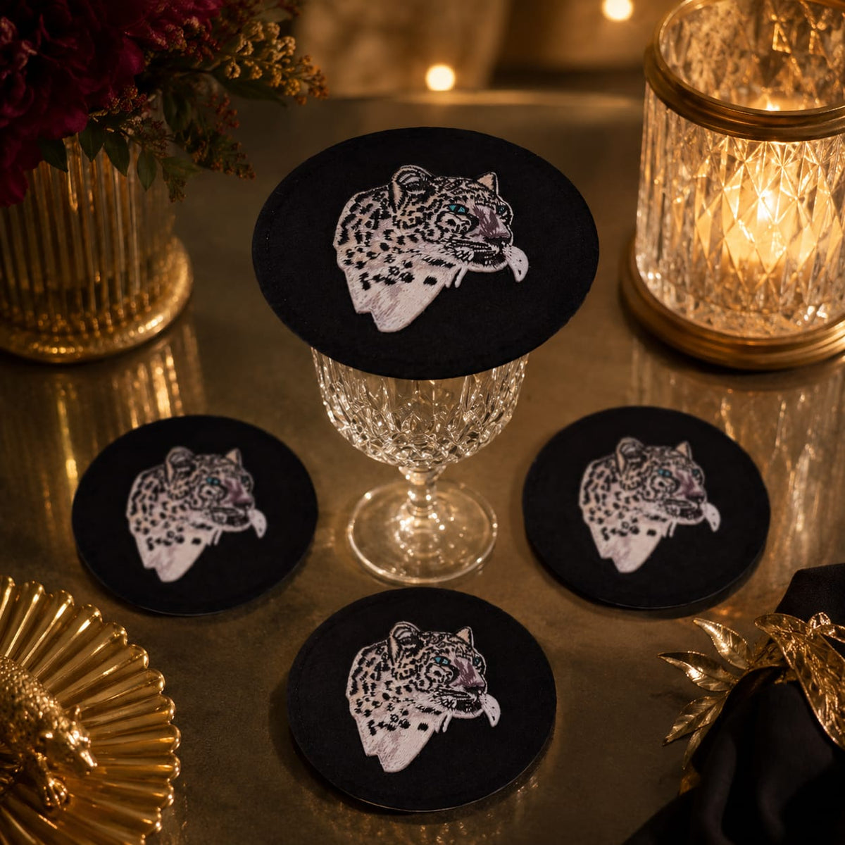 Snow Leopard Embroidered Coaster Set