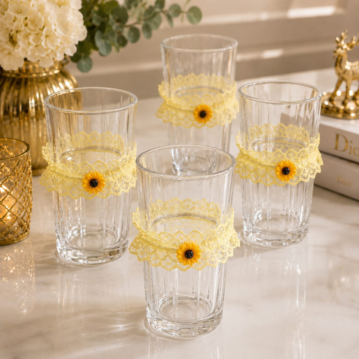 Sunflower Lace Glass & Bottle Charm Set