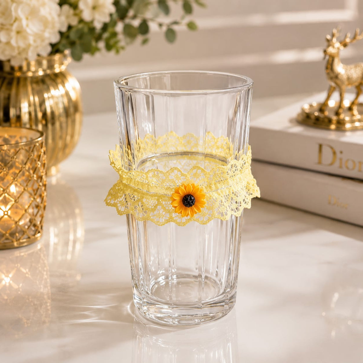 Sunflower Lace Glass & Bottle Charm Set