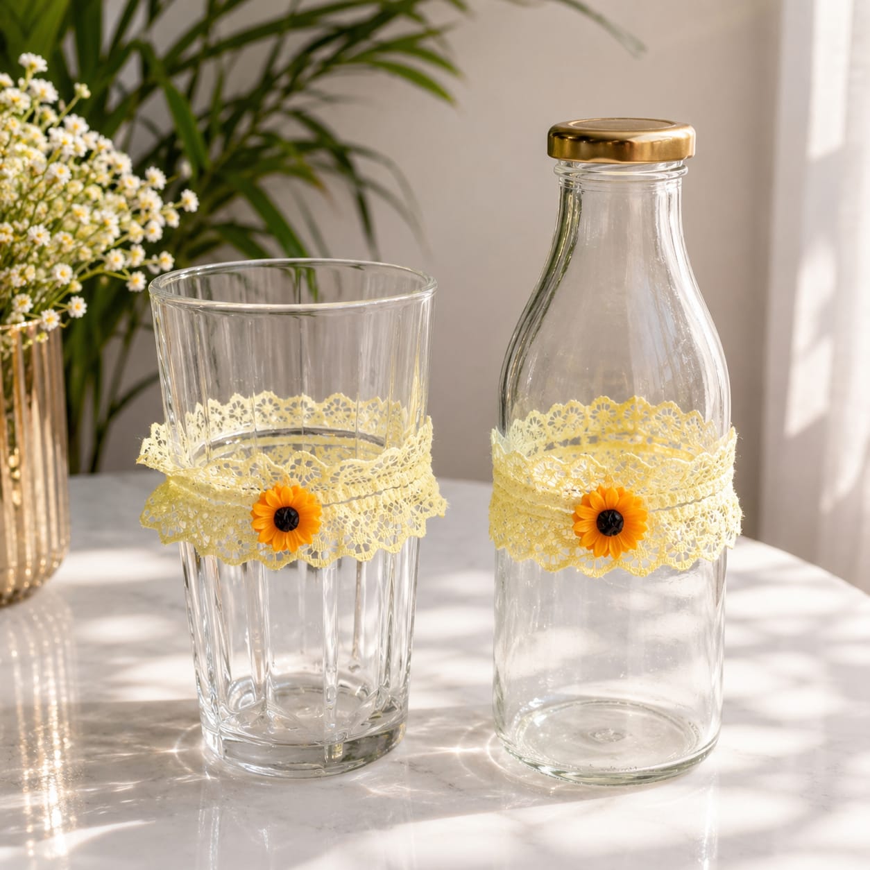 Sunflower Lace Glass & Bottle Charm Set