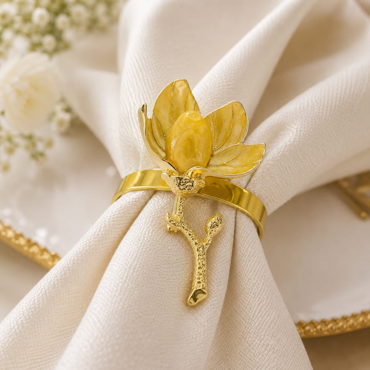 Golden Magnolia Bloom Napkin Ring