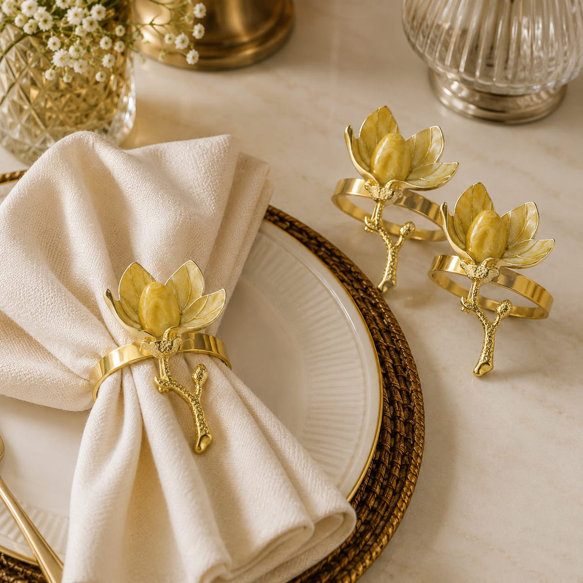 Golden Magnolia Bloom Napkin Ring