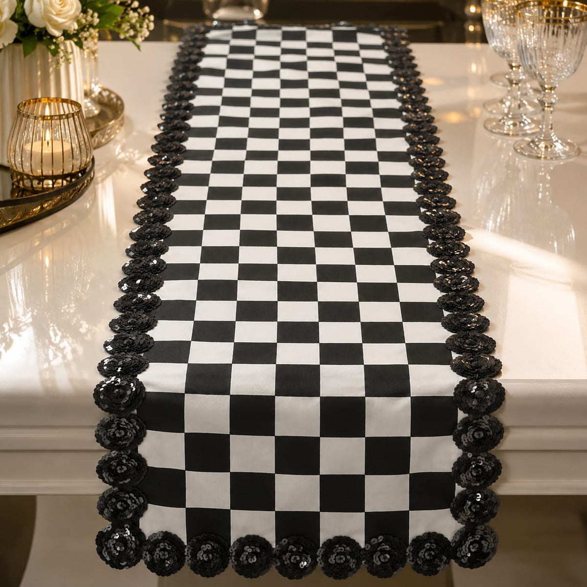 Monochrome Royale Checkerboard Table Runner