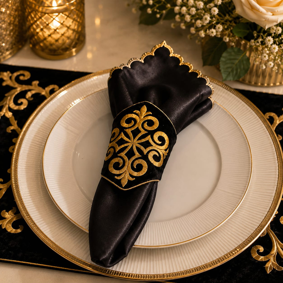 Noir Imperial Napkin & Napkin Ring Set of 6