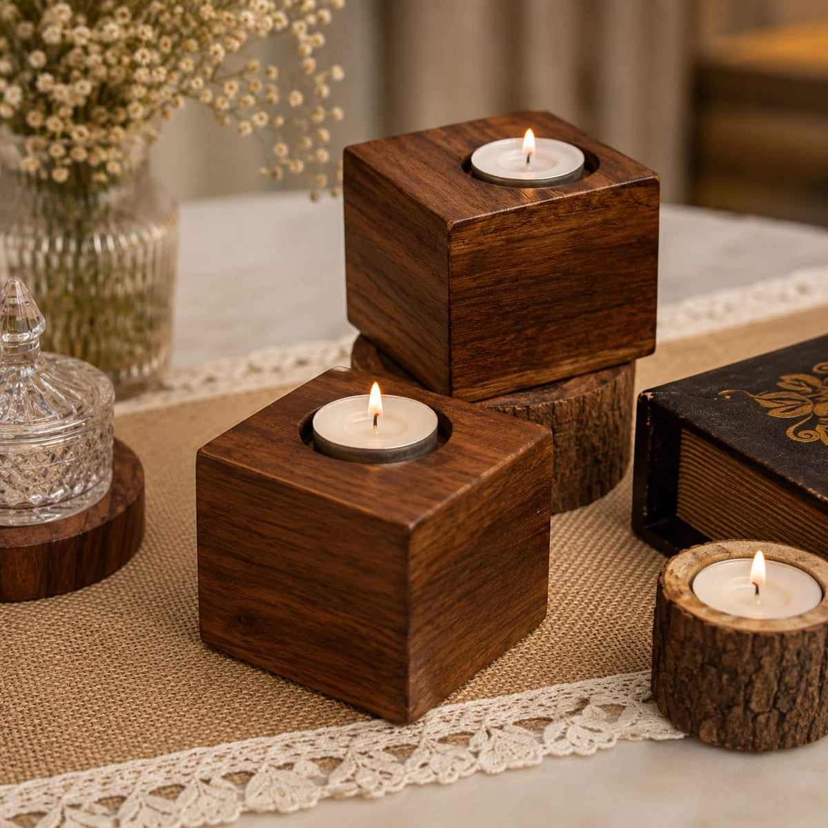 Timber Glow Tea Light Holder Set