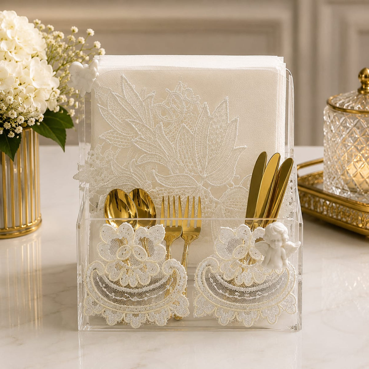Ivory Lace Cutlery & Tissue Holder
