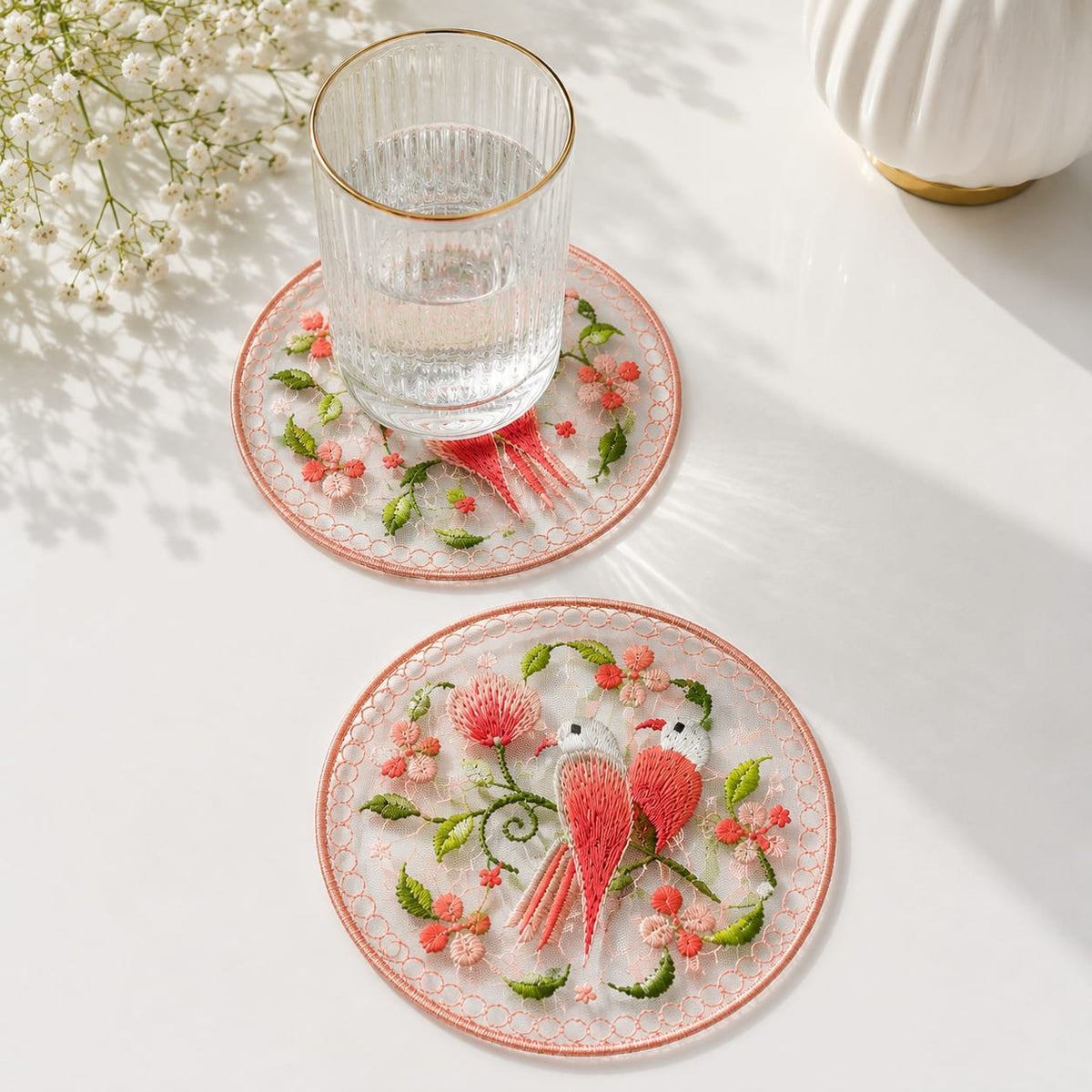 Coral Lovebirds Embroidered Coaster