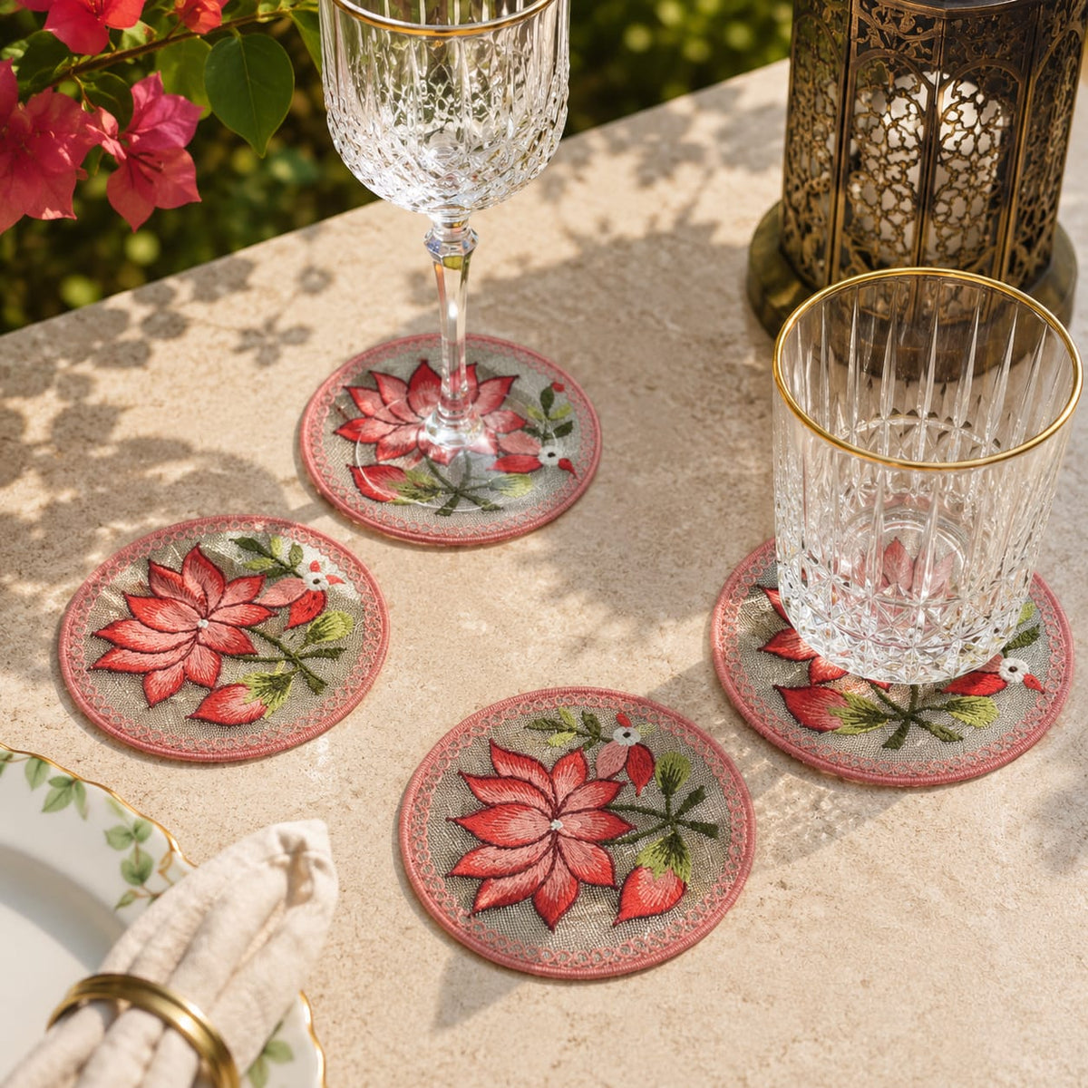 Rosé Lotus Bloom Embroidered Coaster Set