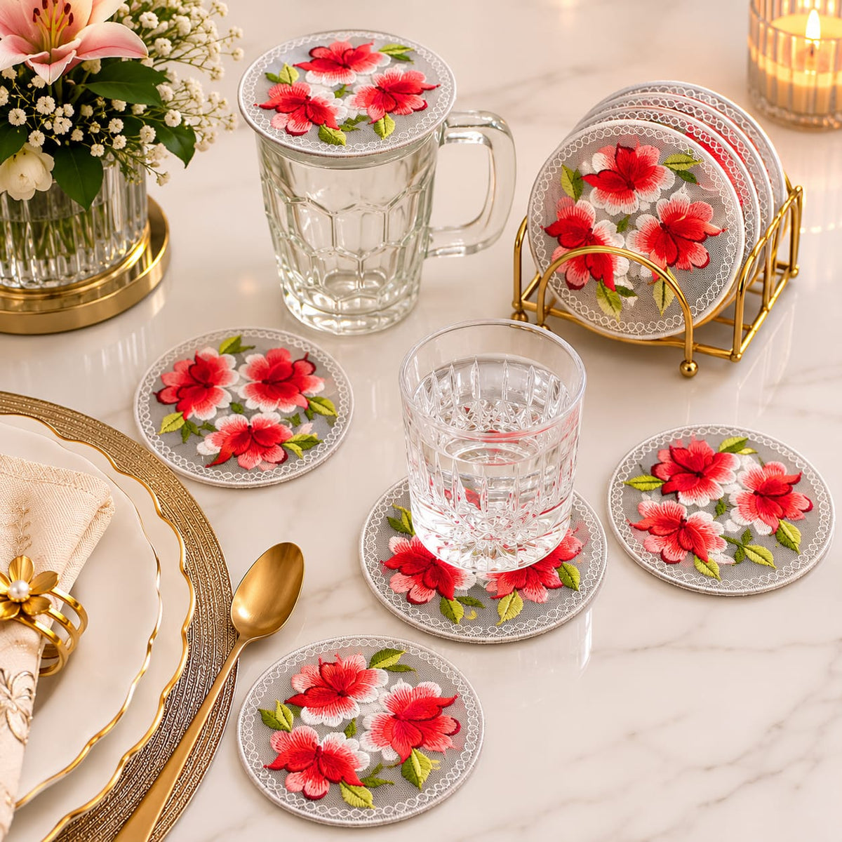 Royal Hibiscus Bloom Embroidered Glass Cover & Coaster Set