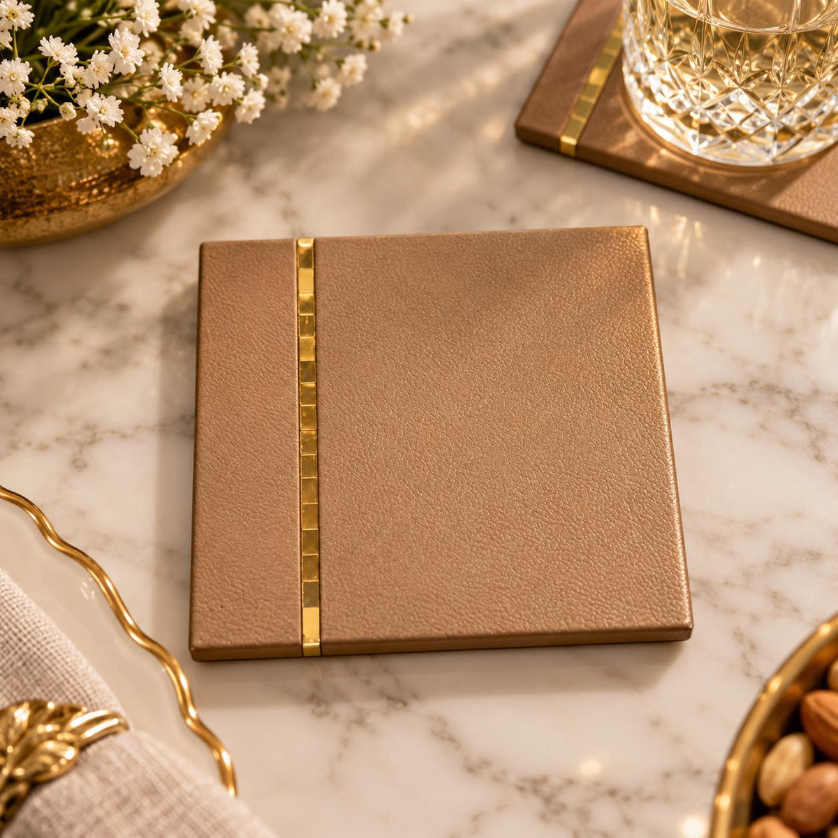 Luxe Tan Leather Coaster Set of 6