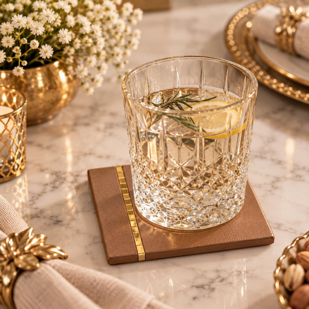 Luxe Tan Leather Coaster Set of 6