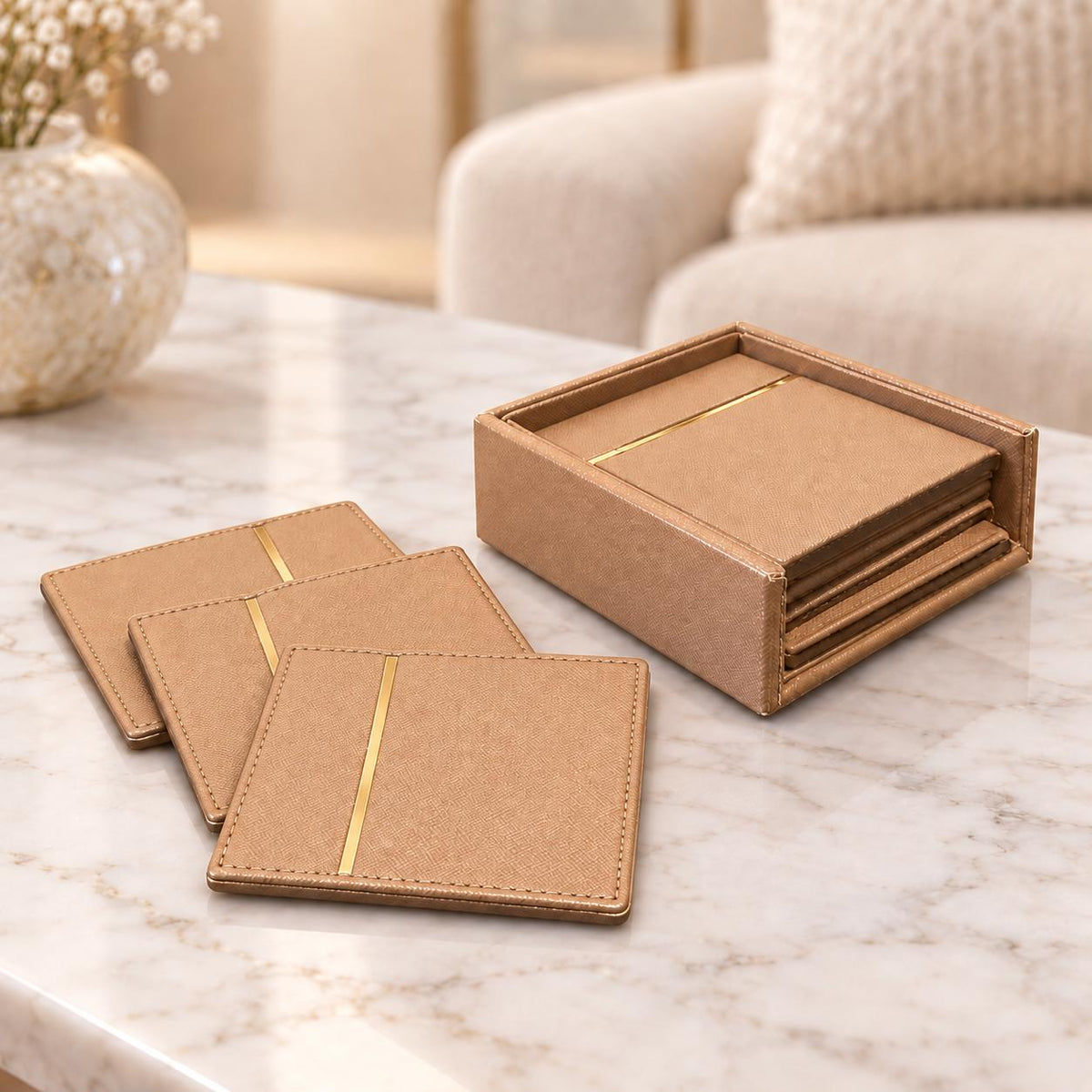 Luxe Tan Leather Coaster Set of 6
