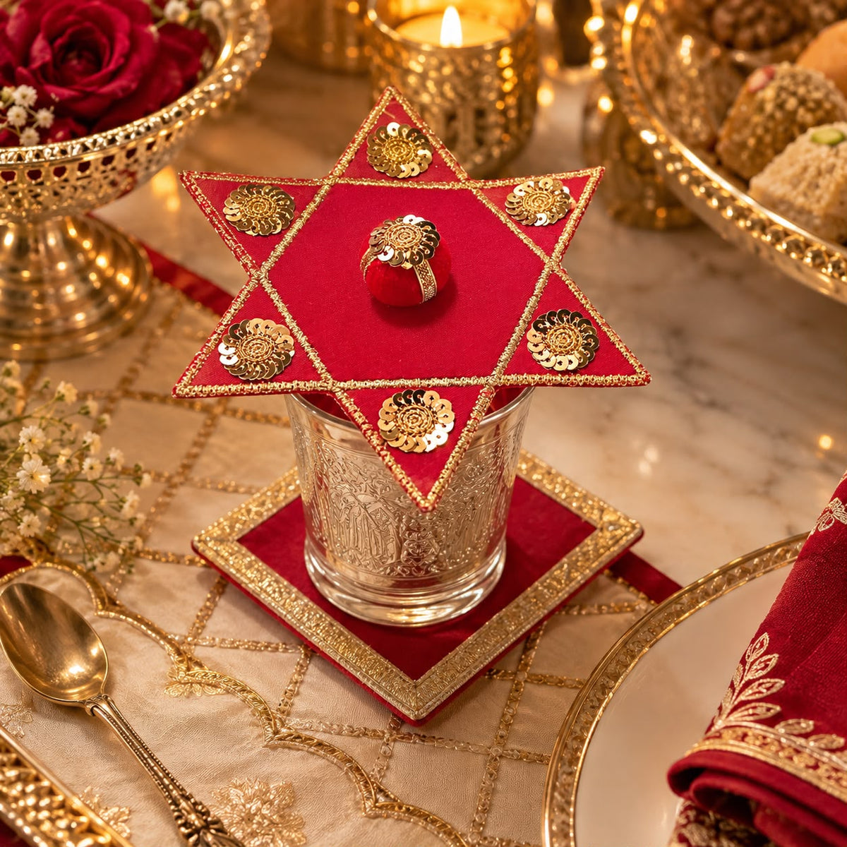 Handcrafted Red & Gold Festive Glass Cover