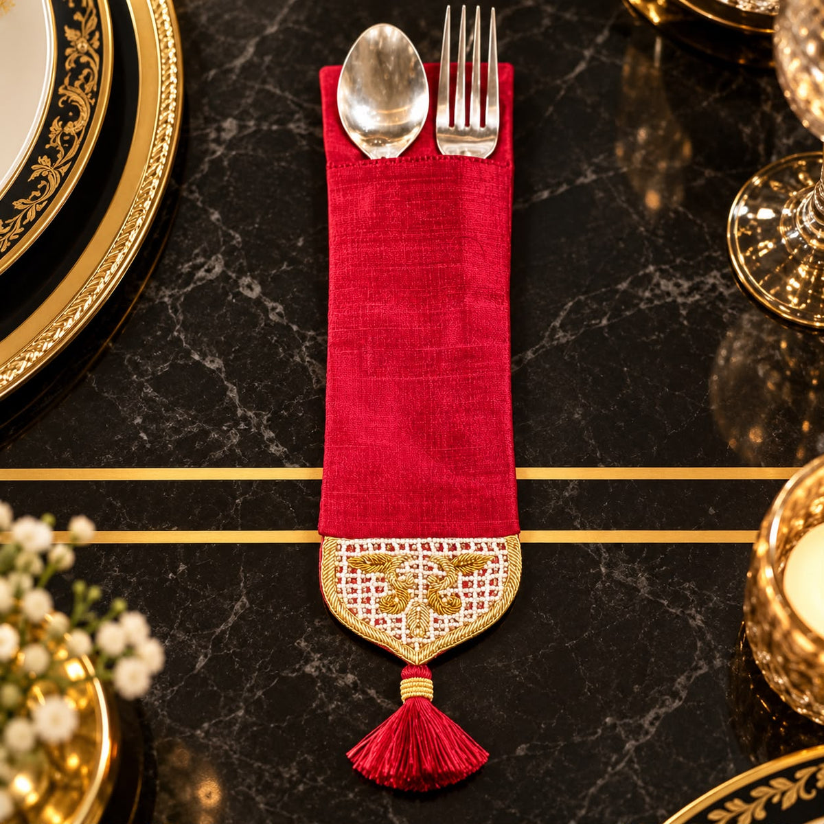 Royal Crimson Embroidered Cutlery Holder