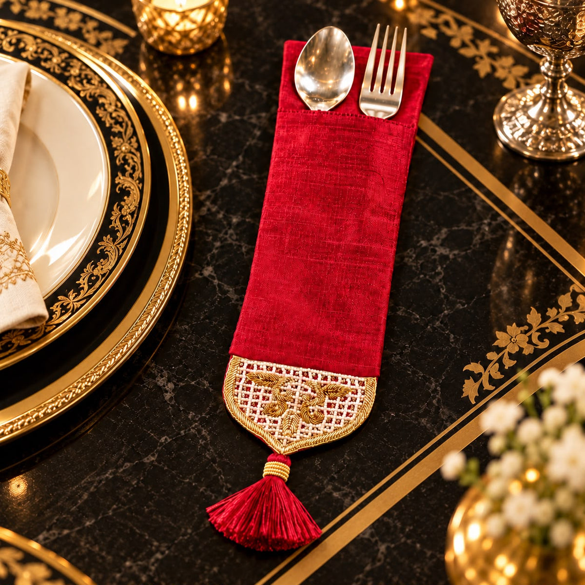 Royal Crimson Embroidered Cutlery Holder