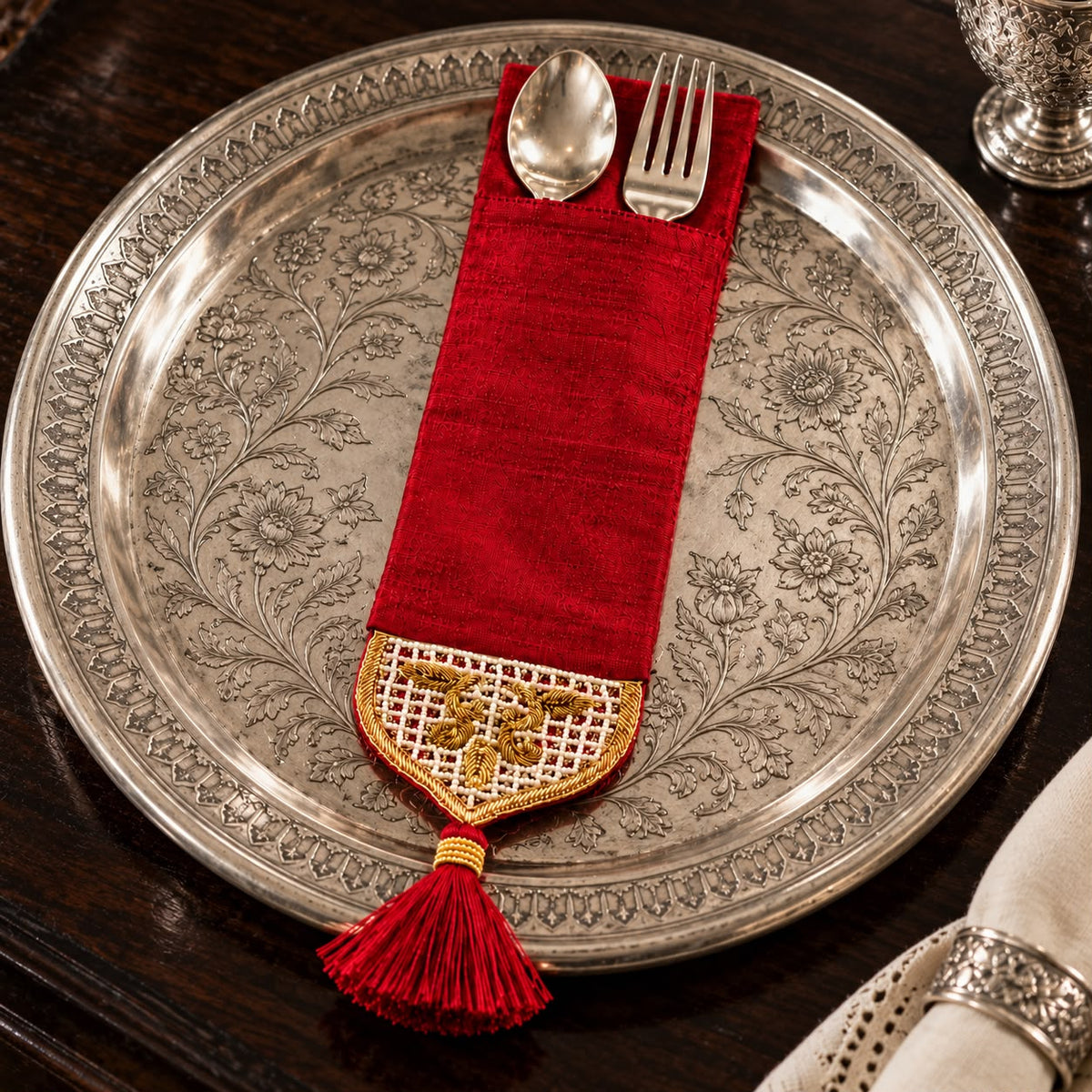 Royal Crimson Embroidered Cutlery Holder