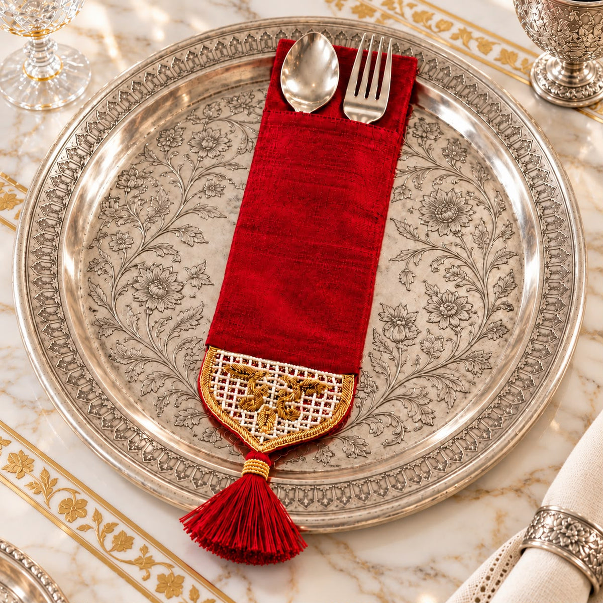 Royal Crimson Embroidered Cutlery Holder