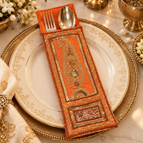 Royal Orange Embroidered Cutlery Holder