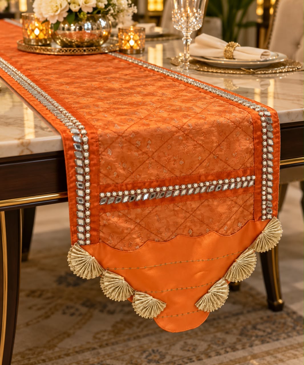 Royal Orange and Gold Embellished Table Runner