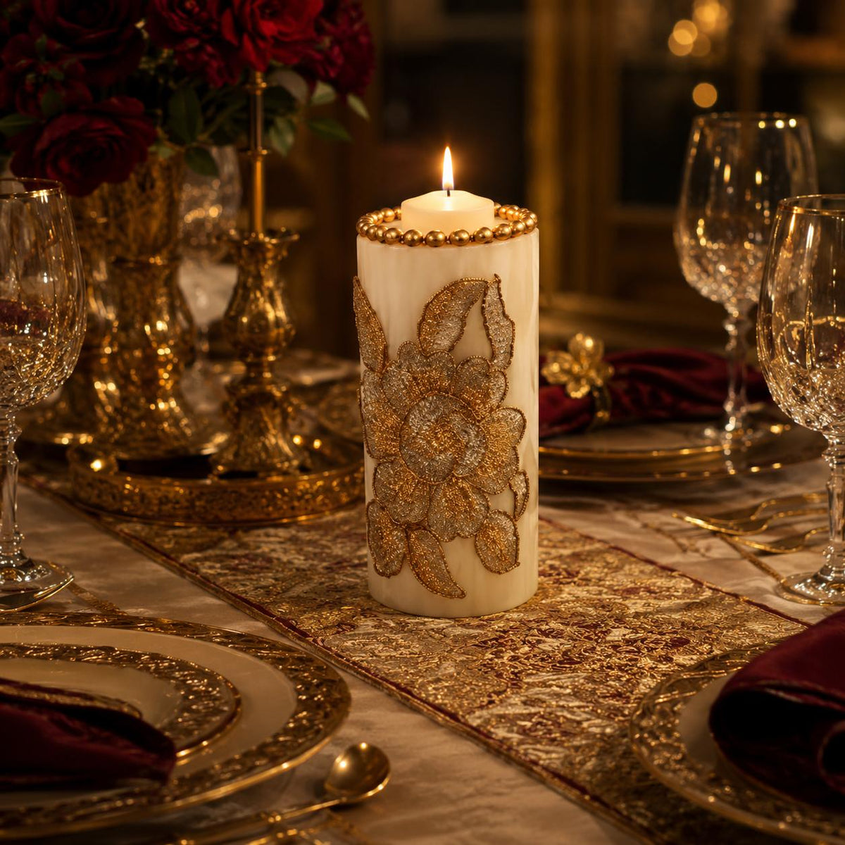 Royal Blossom Embroidered Pillar Candle