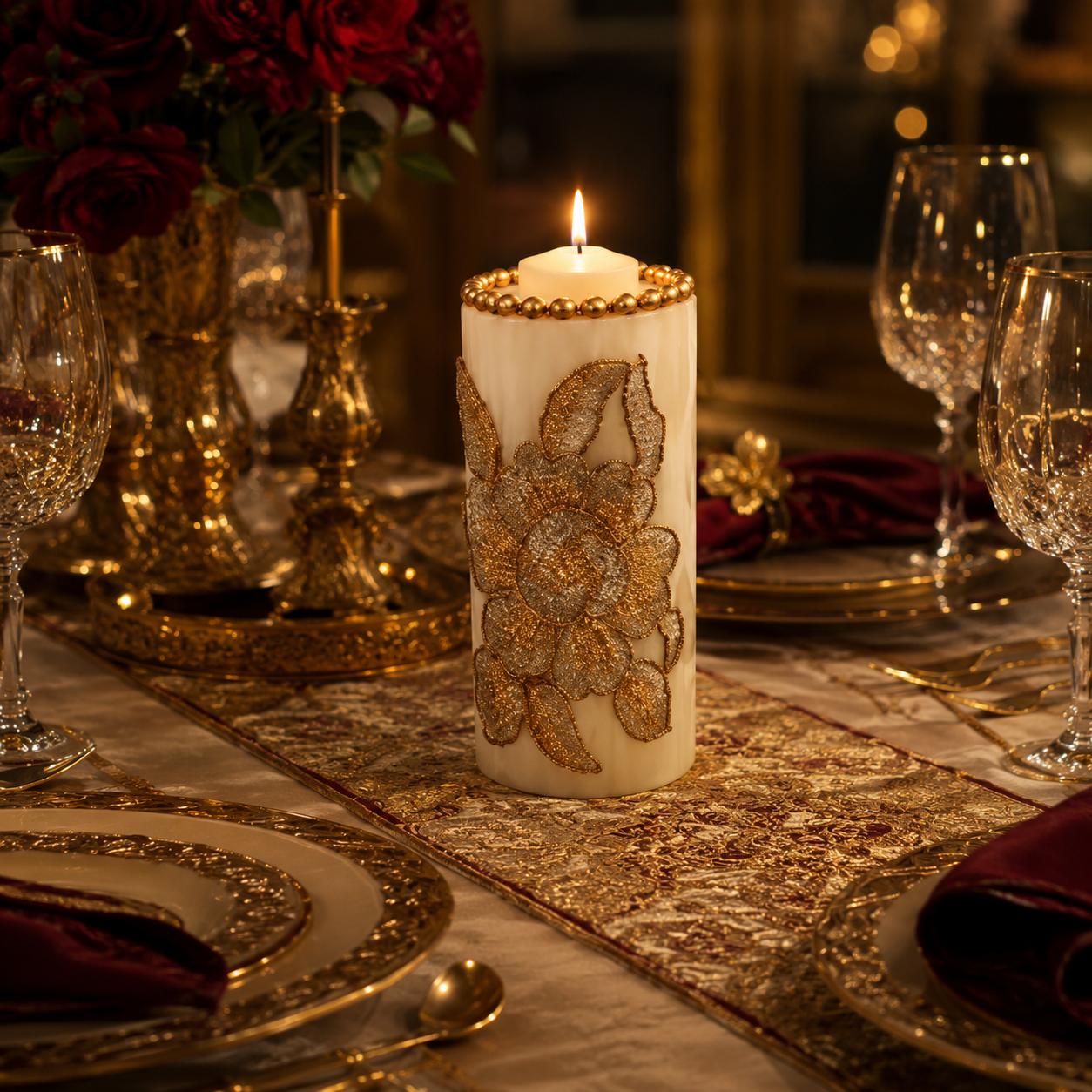 Royal Blossom Embroidered Pillar Candle