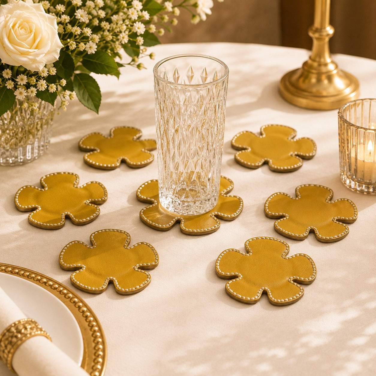 Golden Bloom Glass Coaster Set