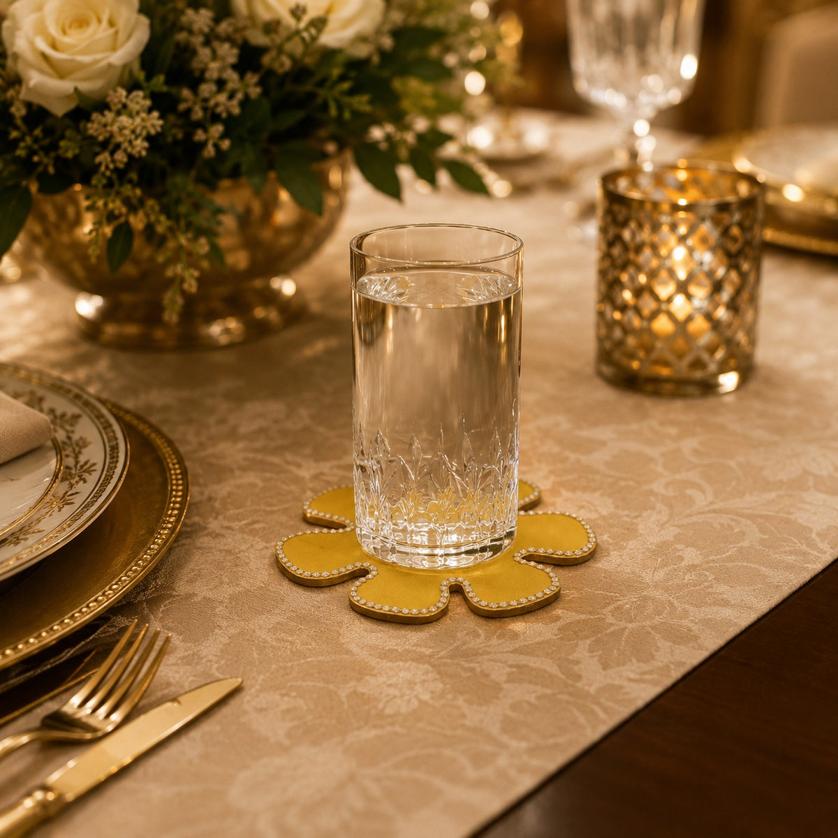 Golden Bloom Glass Coaster Set
